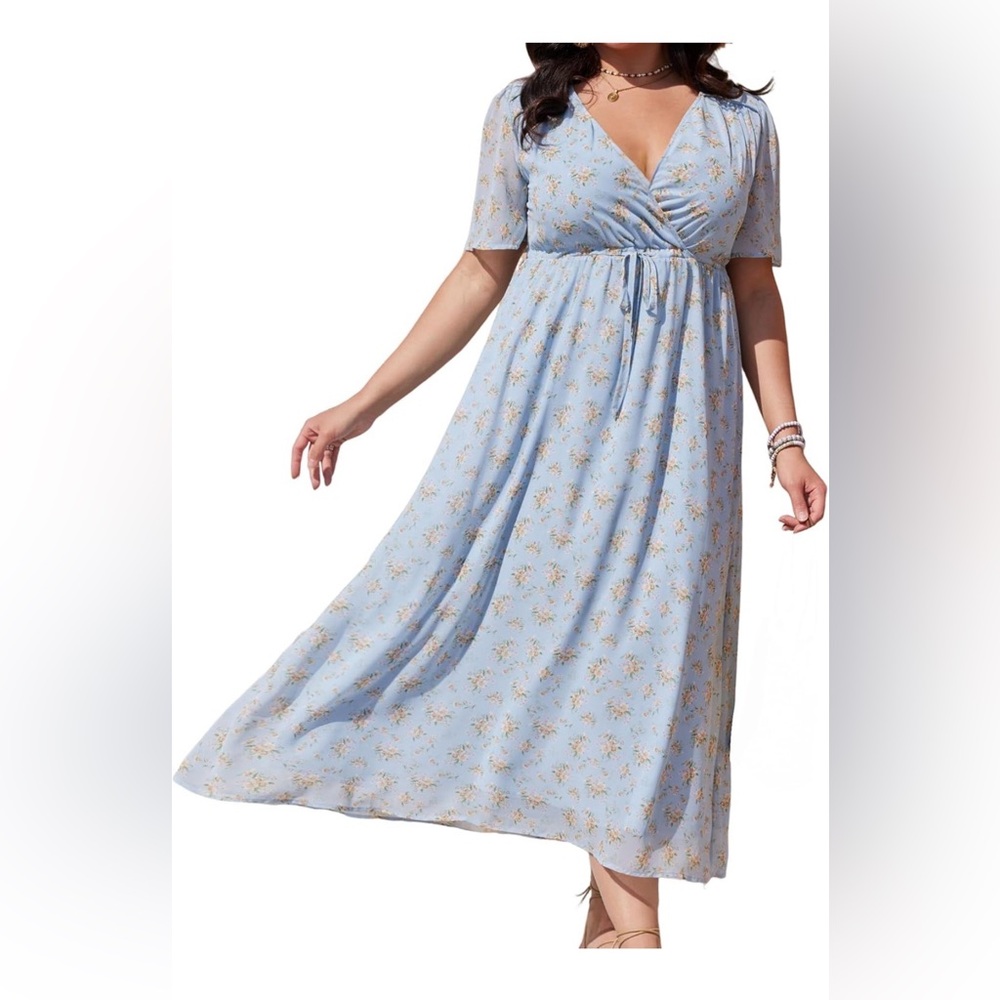 NEW Plus Size Wrap Floral Maxi Dress Short Sleeves Casual Maxi Dresses 3X